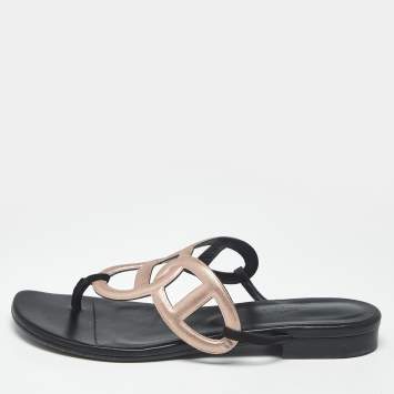 Pre Owned Hermes Metallic Pink Suede Beach Flat Slides Size 38
