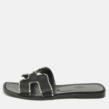 Pre Owned Hermes Black Satin Crystal Embellished Oran Flat Slides Size 39