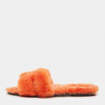 Pre Owned Hermes Orange Shearling Fur Oran Flat Slides Size 39.5