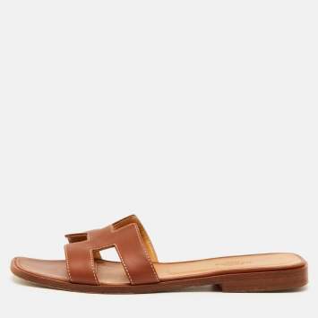 Pre Owned Hermès Oran Size 36.5 Brown Leather Flat Slide Sandals