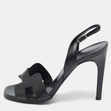 Pre Owned Hermès Night Size 37.5 Black Leather Slingback Sandals