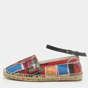 Pre Owned Hermes Size 38 Multicolor Canvas Ankle Strap Espadrille Flats