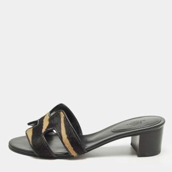 مملوكة مسبقًا Hermes Oasis Size 36 Black/Beige Calf Hair and Leather Slide Sandals