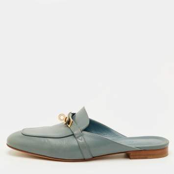 Pre Owned Hermes Oz Size 38 Blue Leather Flat Mules