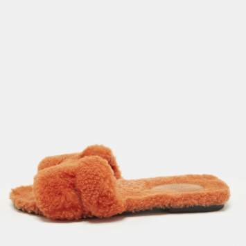 Pre Owned Hermes Oran Size 37 Orange Shearling Fur Flat Slides