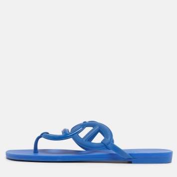 Pre Owned Hermes Egerie Size 38 Blue Rubber Thong Flats Slide