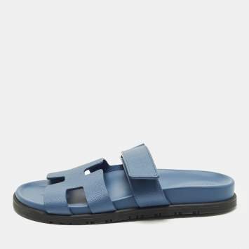 Pre Owned Hermes Chypre Size 37.5 Blue Leather Flat Slide