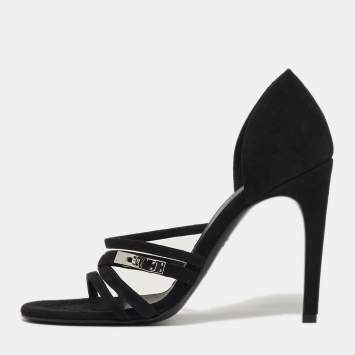 Pre Owned Hermes Lipstick Size 37 Black Suede Ankle Strap Sandals