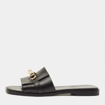 Pre Owned Hermes Giulia Size 37 Black Leather Flat Slide