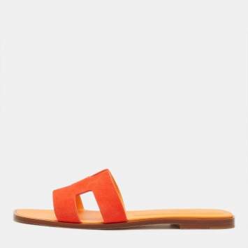Pre Owned Hermes Oran Size 41 Red Suede Flat Slides