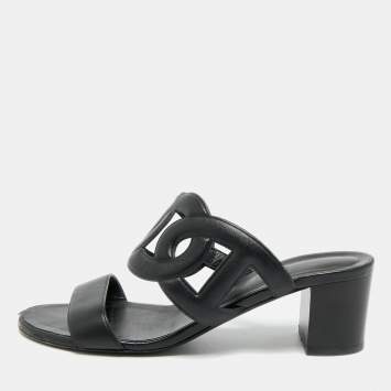 Pre Owned Hermes Bikini Size 38 Black Leather Slide Sandals