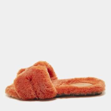 Pre Owned Hermes Oran Size 37 Orange Shearling Fur Flat Slides