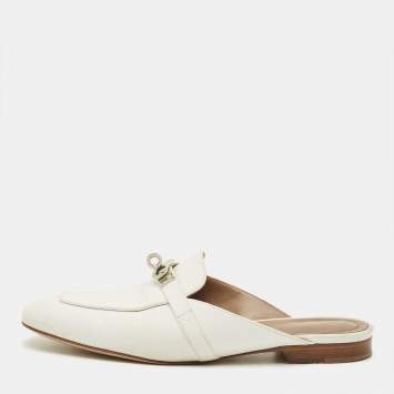 Pre Owned Hermes Oz Size 38 White Leather Flat Mules