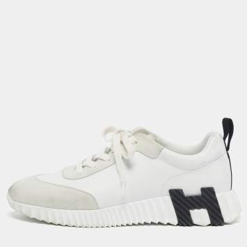 Pre Owned Hermes Bouncing Size 39 White/Grey Leather and Suede Lace Up Sneakers