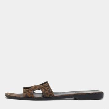 Pre Owned Hermes Oran Size 39 Brown/Black Leopard Print Suede Flat Slide