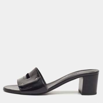 Pre Owned Hermes View Size 39.5 Black Patent Leather Slide Sandals