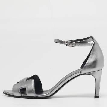 Pre Owned Hermes Premiere 70 Size 39.5 Silver Leather Ankle Strap Sandals