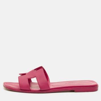 Pre Owned Hermes Oran Size 36 Pink Leather Flat Slides 