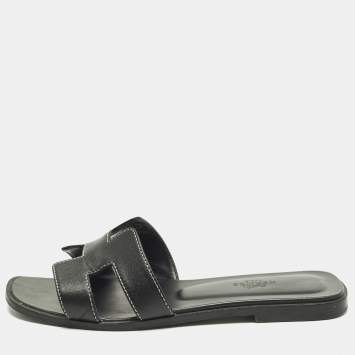 Pre Owned Hermes Oran Size 37 Black Leather Flat Slide Sandals