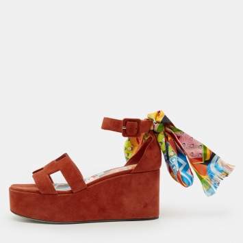 Pre Owned Hermes Eole Size 38 Brown Suede Wedge Sandals