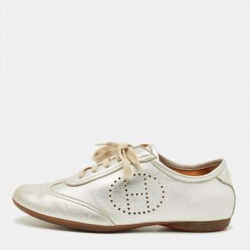 Pre Owned Hermes Size 38 Silver Leather Pewter Perforated H Lace Up Sneakers