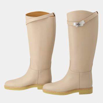 Pre Owned Hermes Faustin Long Boots Beige Leather Size 37