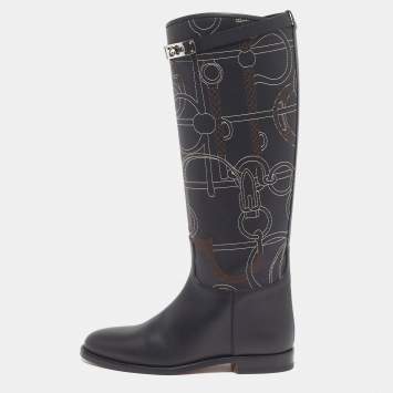 Pre Owned حذاء بوت طول ركبة هيرمس جامبينج جلد مطرز بانوبلي إكيستري مقاس 38 لون أسود