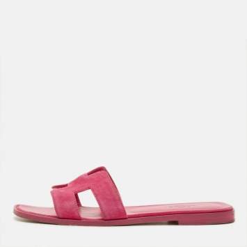 Pre Owned Hermes Oran Size 38 Pink Suede Flat Slides 