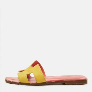 Pre Owned Hermes Oran Size 37 Yellow Suede Flat Slide