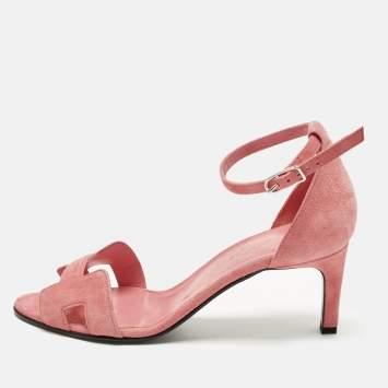 Pre Owned صندل هيرميس بريميير جلد وردي وشمواه بحزام عند الكاحل مقاس 39