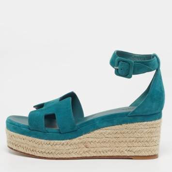 مملوكة مسبقًا Hermès Elda Size 41 Blue Suede Wedge Espadrille Sandals