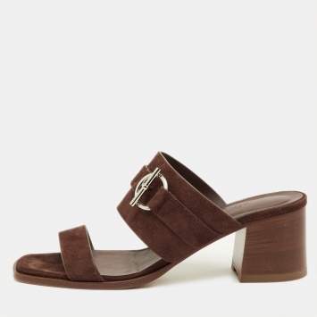 مملوكة مسبقًا Hermes Kute Size 39.5 Brown Suede Block Heel Slide Sandals