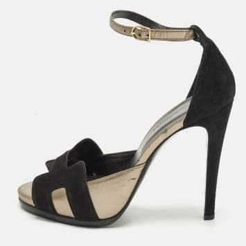 Pre Owned Hermes Premiere 70 Size 39 Black/Gold Leather and Suede Ankle Strap Sandals