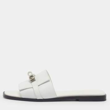 Pre Owned Hermes Oran Size 37.5 White Leather Flat Slides