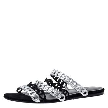 Pre Owned Hermes Metallic Silver Leather And Black Suede Chaine D'ancre Flat Sandals Size 40