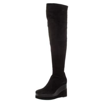 Pre Owned Hermes Black Suede And Leather Platform Wedge Over The Knee Boots Size 37