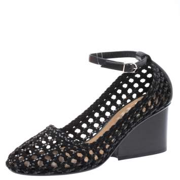 Pre Owned Hermes Black Woven Leather And Suede Block Heel Pumps Size 40