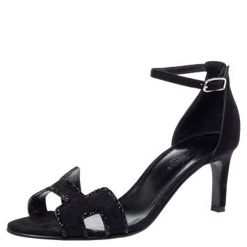 Pre Owned Hermes Black Suede Crystal Embellished Premiere Ankle Strap Sandals Size 38.5