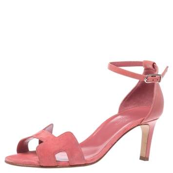 Pre Owned Hermes Pink Suede Leather Highlight  Ankle Strap Sandals Size 38.5