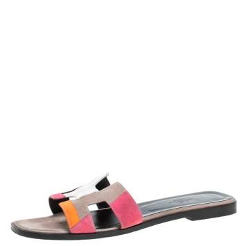 Pre Owned Hermes Multicolor Suede Leather Oran Flat Slides Size 39