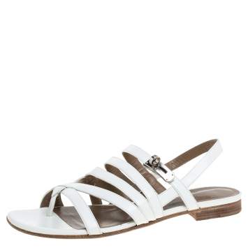 Pre Owned Hermes White Leather Marine Strappy Flat Sandals Size 38.5