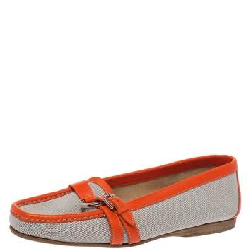 Pre Owned Hermes Beige/Orange Canvas and Leather Loafers Size 39.5