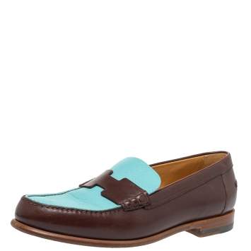 Pre Owned Hermes Blue/Brown Leather Kennedy Slip On Loafers Size 39