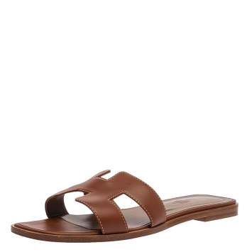 Pre Owned Hermes Brown Leather Oran Slide Sandals Size 40.5