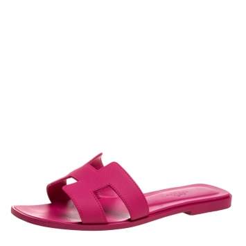 Pre Owned Hermes Pink Leather Oran Slide Flats Size 37