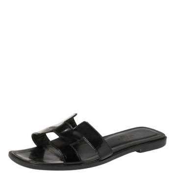 Pre Owned Hermes Black Patent Leather Oran Flats Size 35