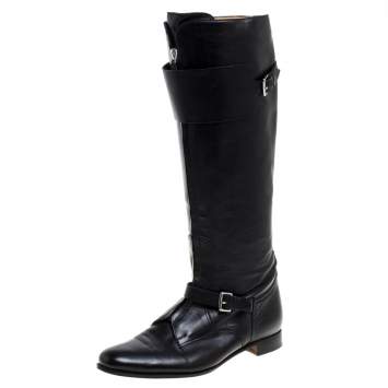 مملوكة مسبقًا Hermes Black Leather Knee Length Boots Size 37