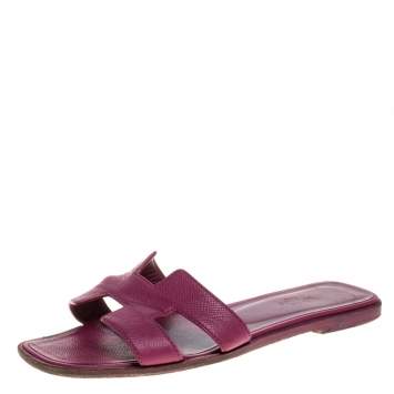 Pre Owned Hermes Burgundy Leather Oran Flat Slides Size 38 