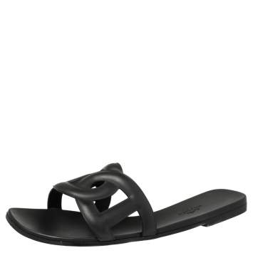 Pre Owned Hermes Black Rubber Aloha Flat Sandals Size 39