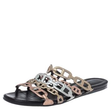 Pre Owned Hermes Metallic Multicolor Leather Thalassa Flats Size 39